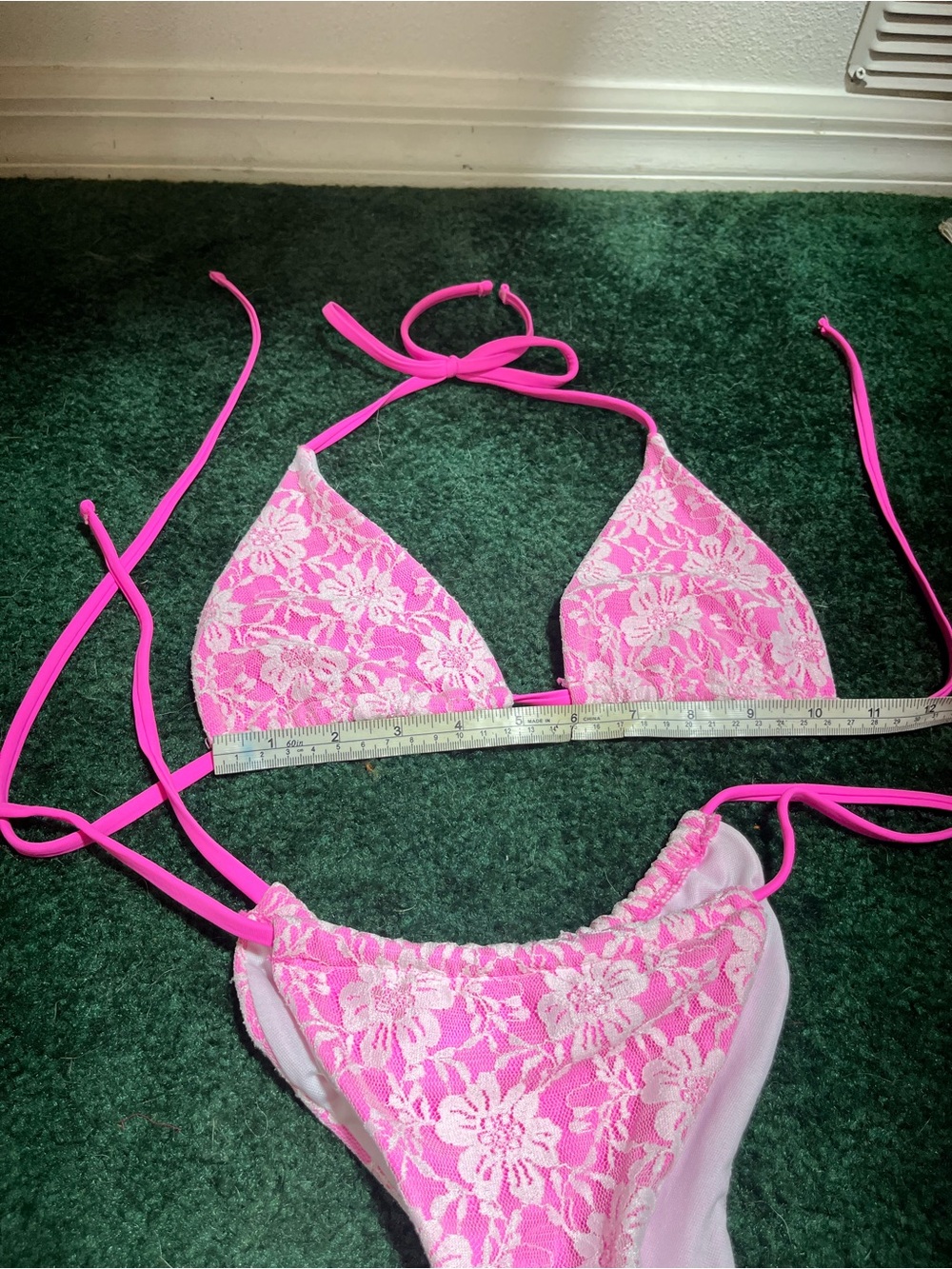 Pink Lace Trim Triangle Bikini Set
